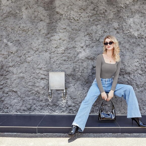 Women Square Neck Long Sleeve Bodysuit Adjustable - Picture 3 of 6